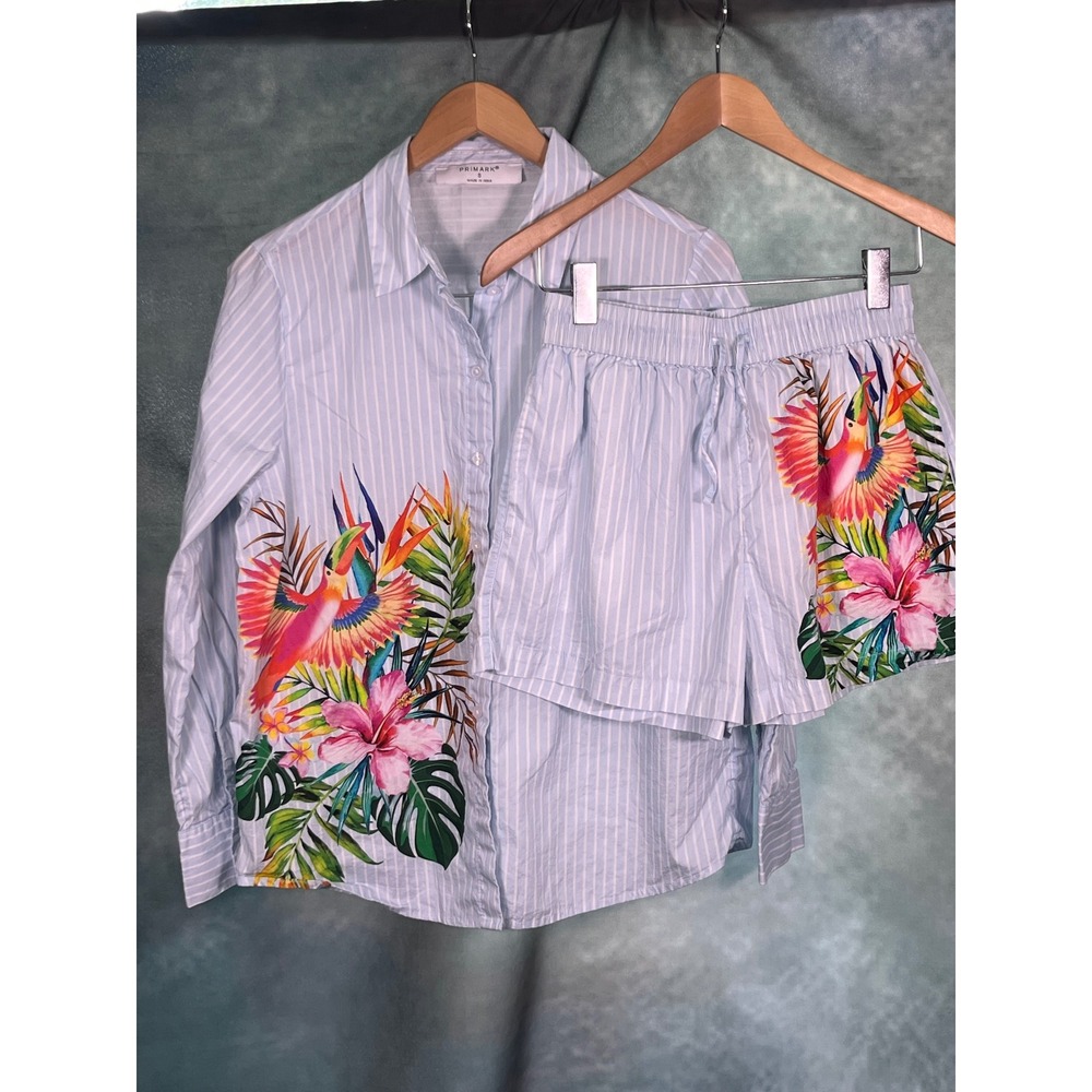 Primark Womens‎ Blue White Striped Tropical Set Cover Up PJs Shirt Shorts Small